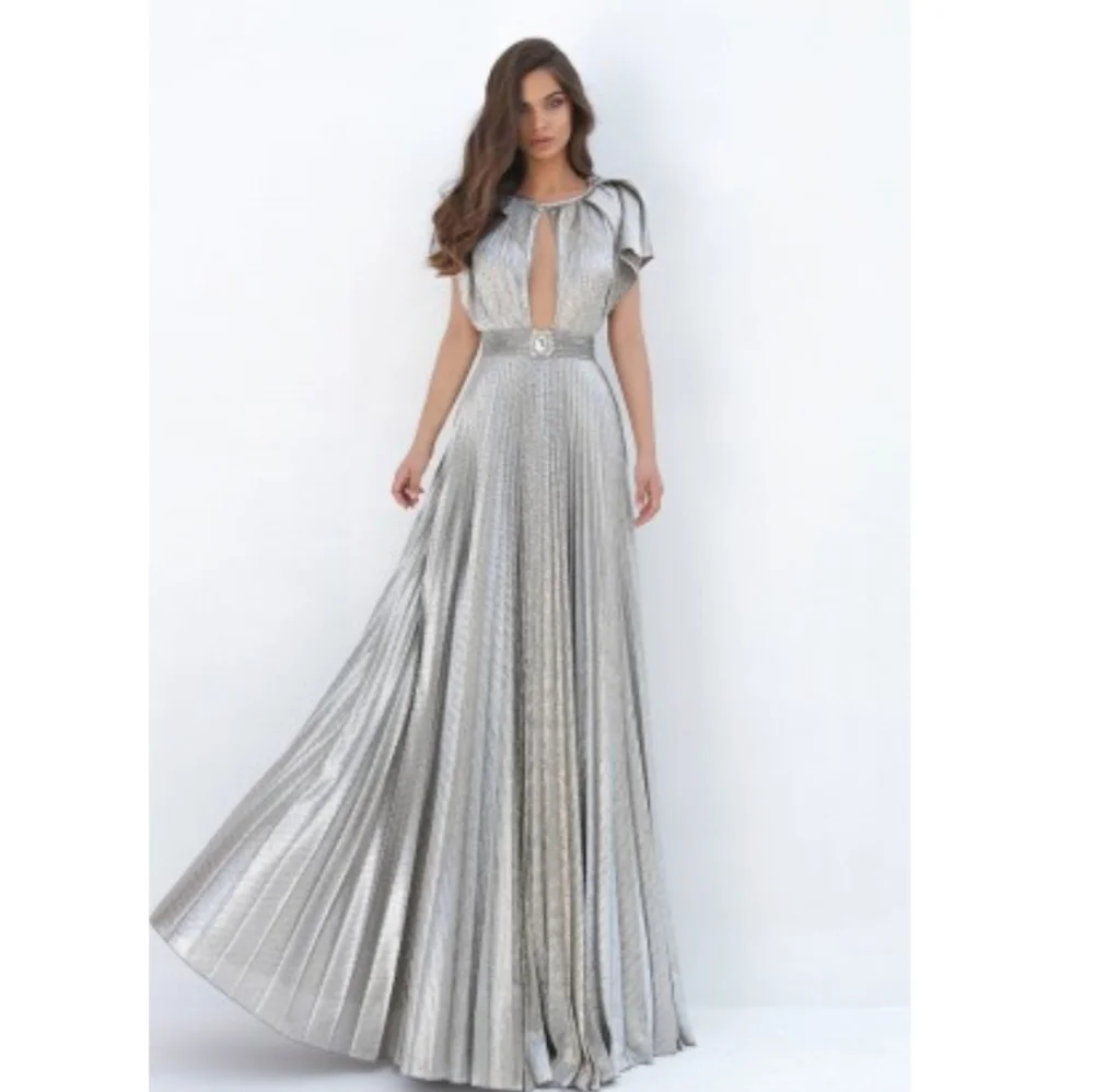 Tarik Ediz metallic silver belted-look dress gown 8 - Picture 1 of 8